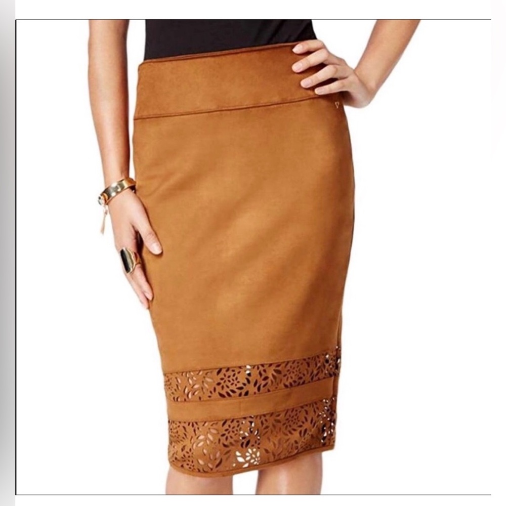 Thalia Sodi Tan Faux Suede Pencil Skirt with Stunning Unique Cutout Hem Size L